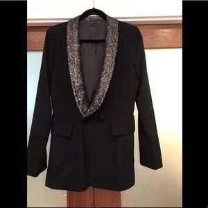 Oversized black blazer jacket w gray sequin trim